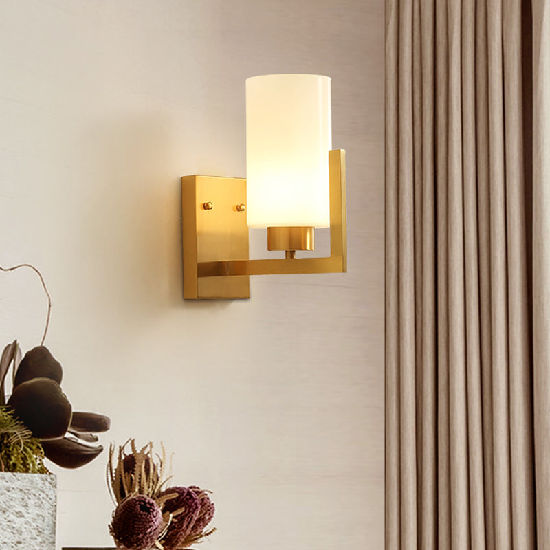 Skørter | Minimalist Style Cylindrical Wall Lamp 1 Light Opal Frosted Glass Wall Light in Brass for Bedroom