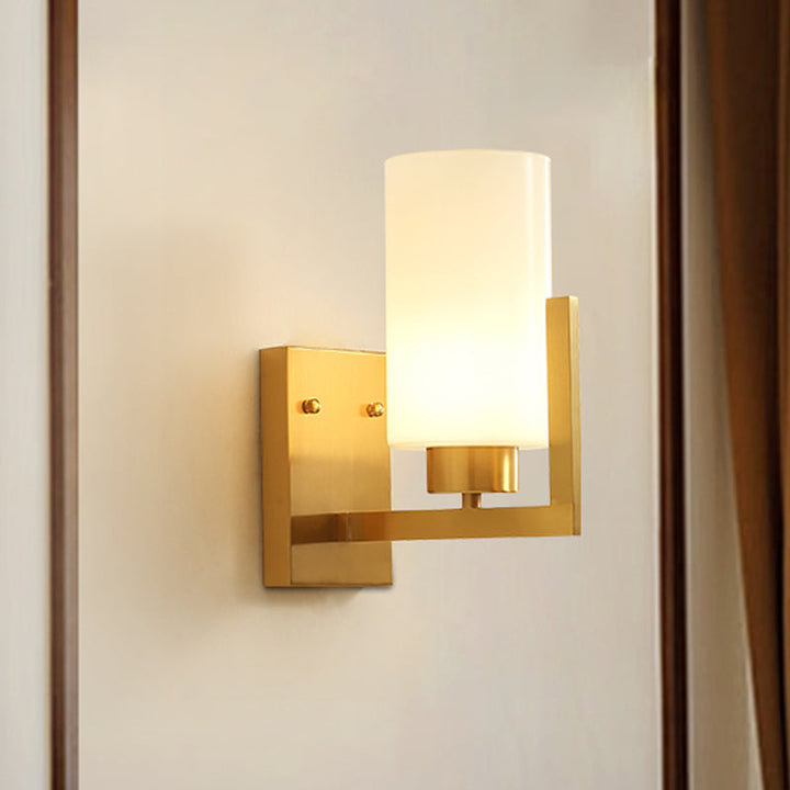 Skørter | Minimalist Style Cylindrical Wall Lamp 1 Light Opal Frosted Glass Wall Light in Brass for Bedroom