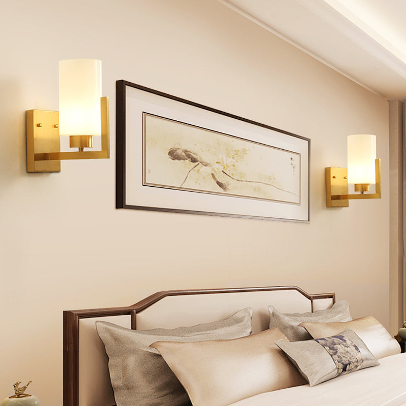 Skørter | Minimalist Style Cylindrical Wall Lamp 1 Light Opal Frosted Glass Wall Light in Brass for Bedroom