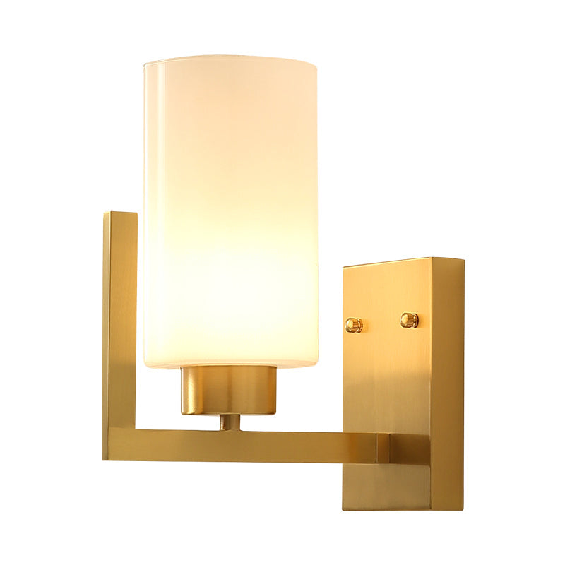 Skørter | Minimalist Style Cylindrical Wall Lamp 1 Light Opal Frosted Glass Wall Light in Brass for Bedroom