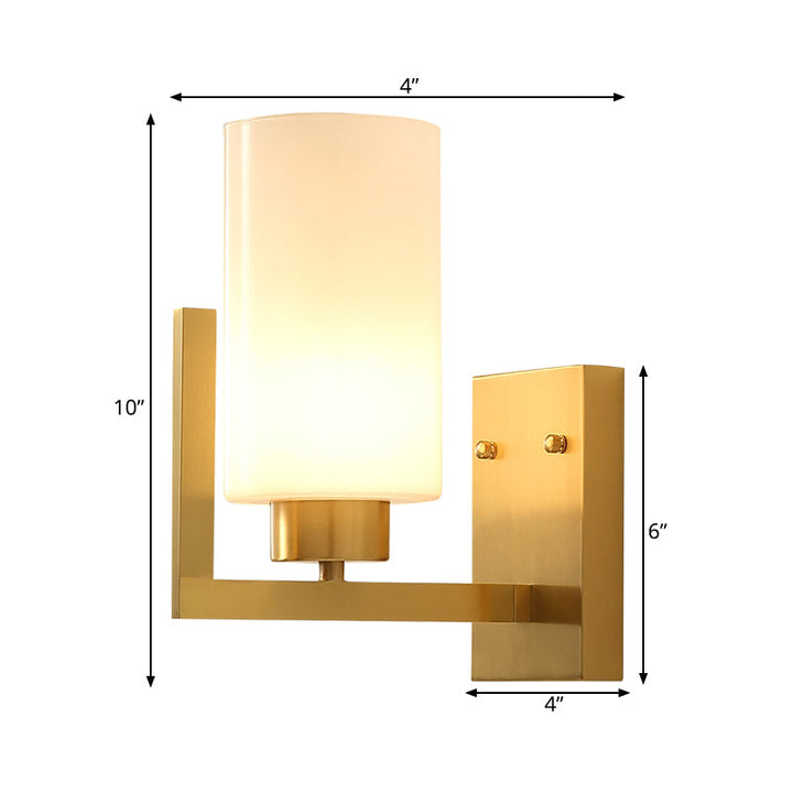 Skørter | Minimalist Style Cylindrical Wall Lamp 1 Light Opal Frosted Glass Wall Light in Brass for Bedroom