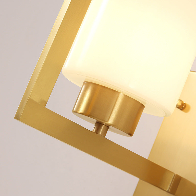 Skørter | Minimalist Style Cylindrical Wall Lamp 1 Light Opal Frosted Glass Wall Light in Brass for Bedroom