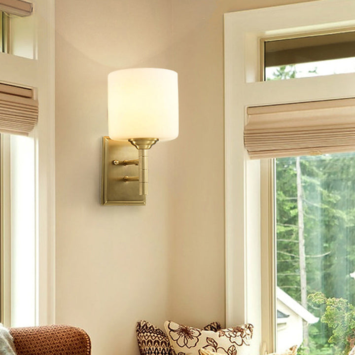 Skørter | Brass Finish 1-Bulb Wall Light Modernist Style Cream Glass Drum Wall Lighting for Living Room