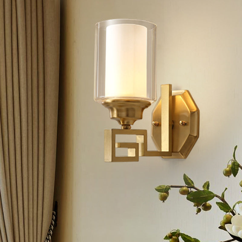 Skørter | Cylinder Clear Glass Wall Lamp Modern Stylish 1 Light Living Room Wall Light in Brass