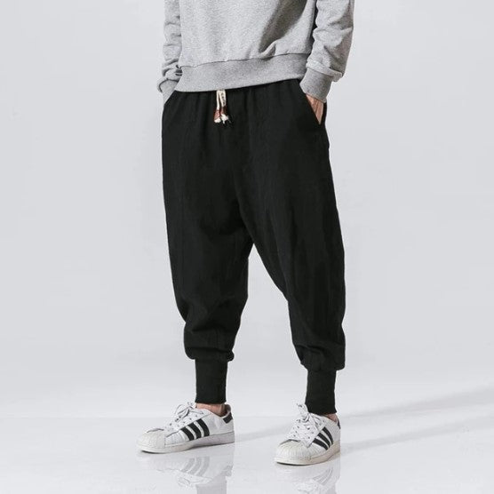 Lisslune | Cotton Linen Harem Pants Men Solid Color Elastic Waist Streetwear Jogging Pants