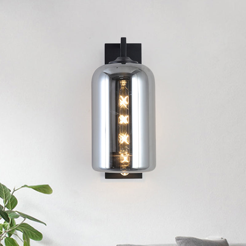 Lisslune | Mason Jar Shaped Wall Lamp Retro Style Enclosed Glass 1 Bulb Wall Light with Arm in Black