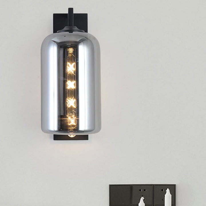 Lisslune | Mason Jar Shaped Wall Lamp Retro Style Enclosed Glass 1 Bulb Wall Light with Arm in Black