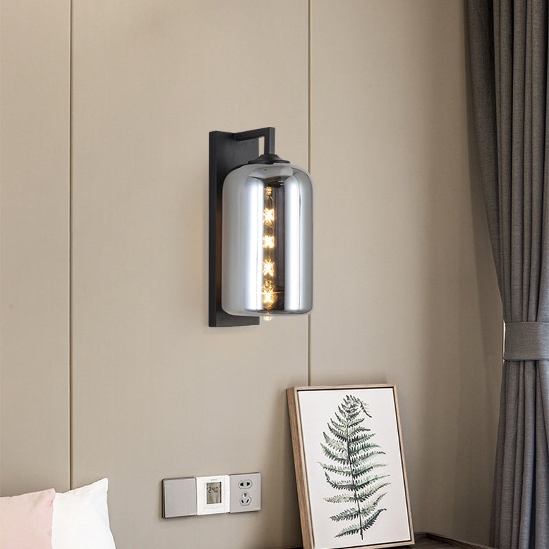 Lisslune | Mason Jar Shaped Wall Lamp Retro Style Enclosed Glass 1 Bulb Wall Light with Arm in Black
