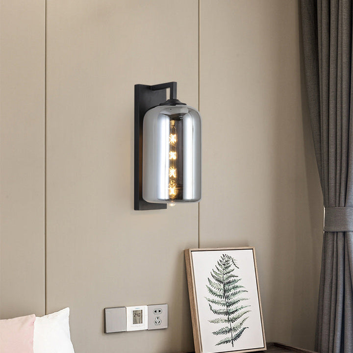 Lisslune | Mason Jar Shaped Wall Lamp Retro Style Enclosed Glass 1 Bulb Wall Light with Arm in Black
