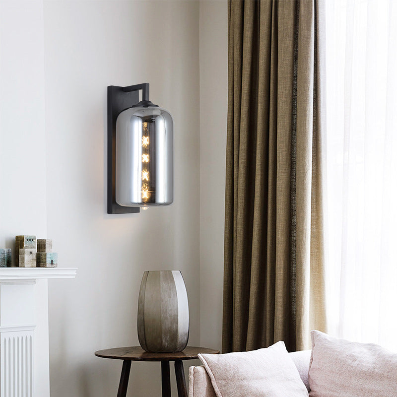 Lisslune | Mason Jar Shaped Wall Lamp Retro Style Enclosed Glass 1 Bulb Wall Light with Arm in Black