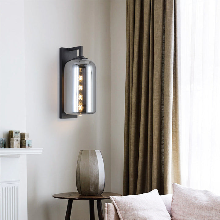 Lisslune | Mason Jar Shaped Wall Lamp Retro Style Enclosed Glass 1 Bulb Wall Light with Arm in Black