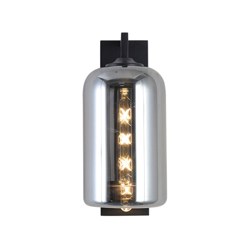Lisslune | Mason Jar Shaped Wall Lamp Retro Style Enclosed Glass 1 Bulb Wall Light with Arm in Black