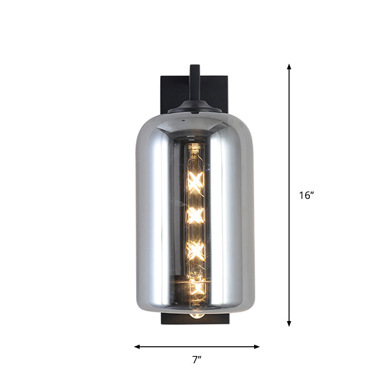 Lisslune | Mason Jar Shaped Wall Lamp Retro Style Enclosed Glass 1 Bulb Wall Light with Arm in Black
