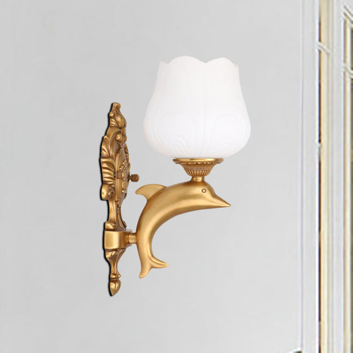 Skørter | 1 Bulb Flower Wall Light Vintage Style White Glass Wall Light with Golden Dolphin Decor