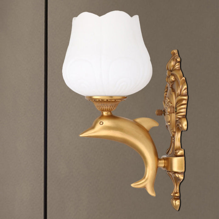 Skørter | 1 Bulb Flower Wall Light Vintage Style White Glass Wall Light with Golden Dolphin Decor