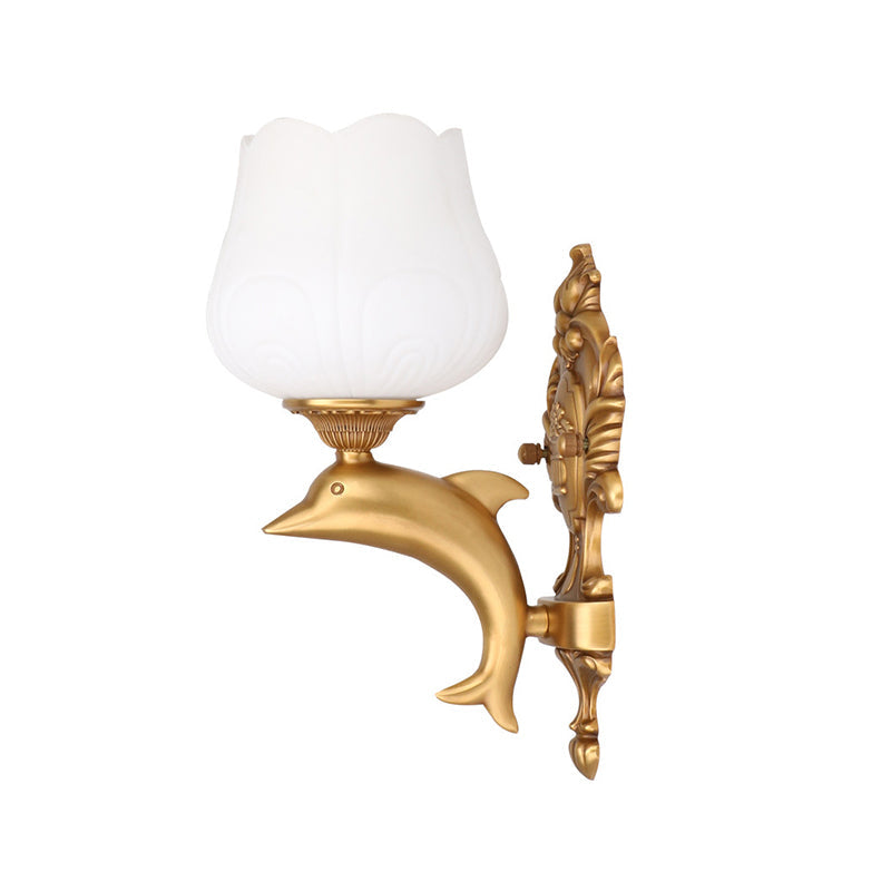 Skørter | 1 Bulb Flower Wall Light Vintage Style White Glass Wall Light with Golden Dolphin Decor