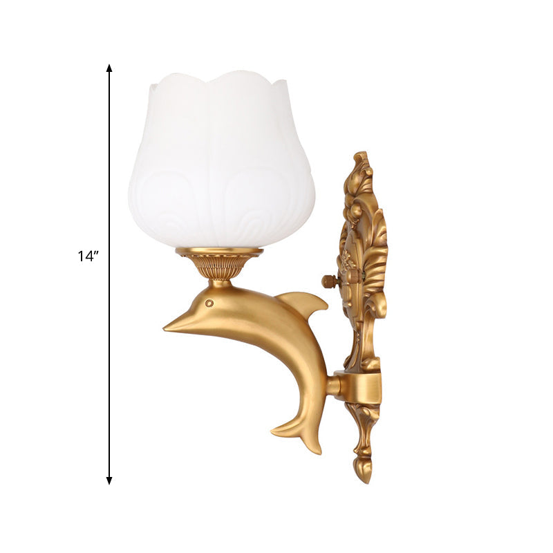 Skørter | 1 Bulb Flower Wall Light Vintage Style White Glass Wall Light with Golden Dolphin Decor