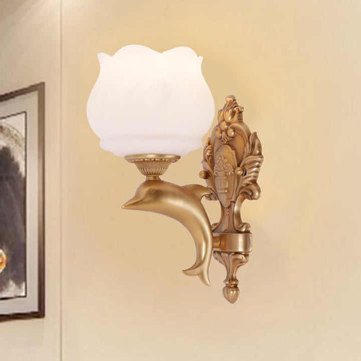 Skørter | Gold Dolphin Wall Sconce Retro Style Metal 1 Light Living Room Wall Lamp with Opal Glass Petal Shade