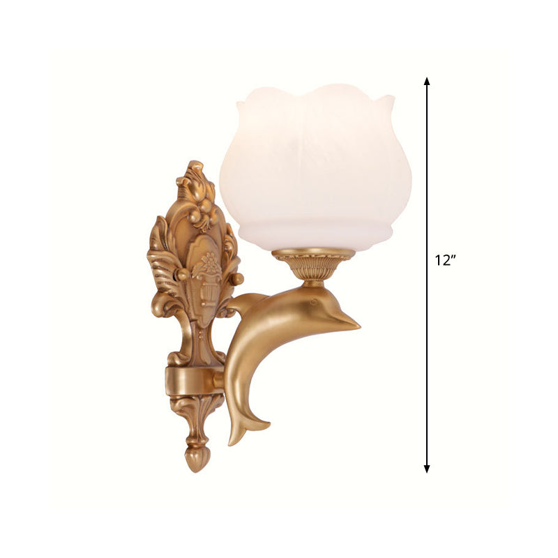 Skørter | Gold Dolphin Wall Sconce Retro Style Metal 1 Light Living Room Wall Lamp with Opal Glass Petal Shade