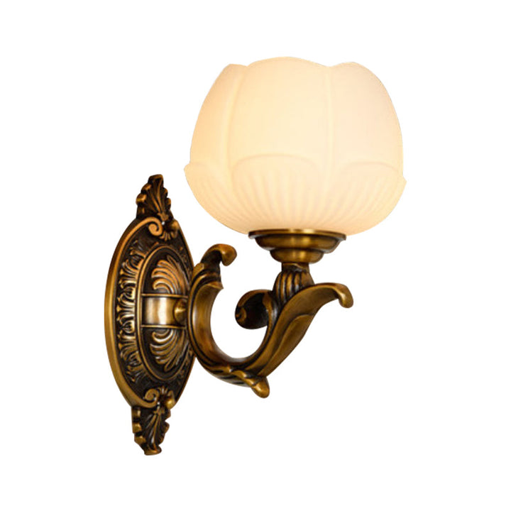 Skørter | Lotus Shade Indoor Wall Lamp Vintage White Glass and Metal 1 Light Brass Finish Wall Lamp