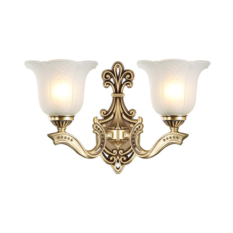Skørter | Metal Brass Wall Mount Lamp Engraved 1/2-Light Classic Stylish Wall Light with Opal Glass Petal Shade