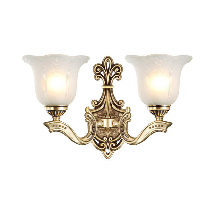 Skørter | Metal Brass Wall Mount Lamp Engraved 1/2-Light Classic Stylish Wall Light with Opal Glass Petal Shade