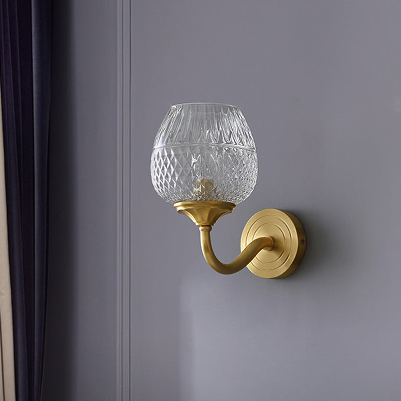 Lisslune | Grid Brandy Glass Wall Lamp Contemporary Single Brass Wall Mounted Light with Curved Arm