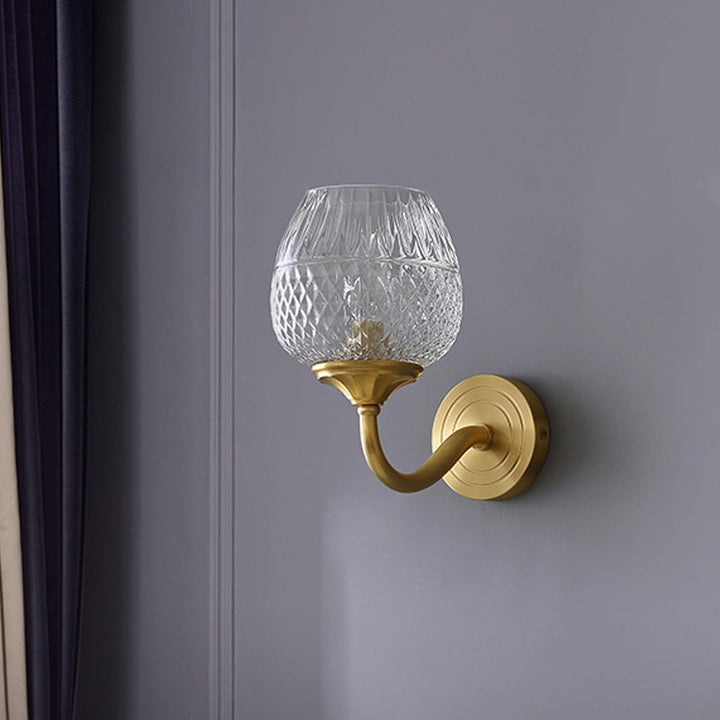 Lisslune | Grid Brandy Glass Wall Lamp Contemporary Single Brass Wall Mounted Light with Curved Arm