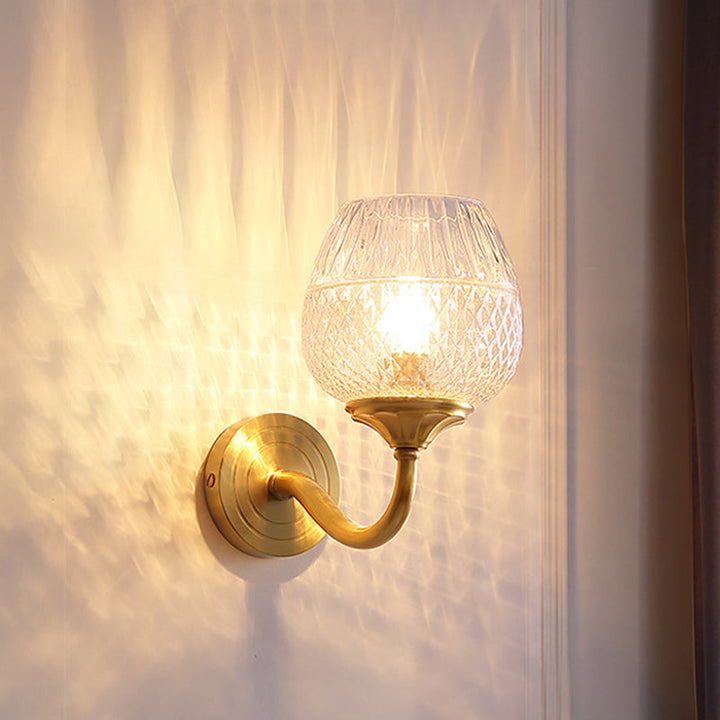 Lisslune | Grid Brandy Glass Wall Lamp Contemporary Single Brass Wall Mounted Light with Curved Arm