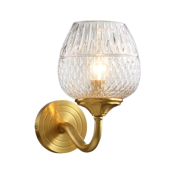 Lisslune | Grid Brandy Glass Wall Lamp Contemporary Single Brass Wall Mounted Light with Curved Arm