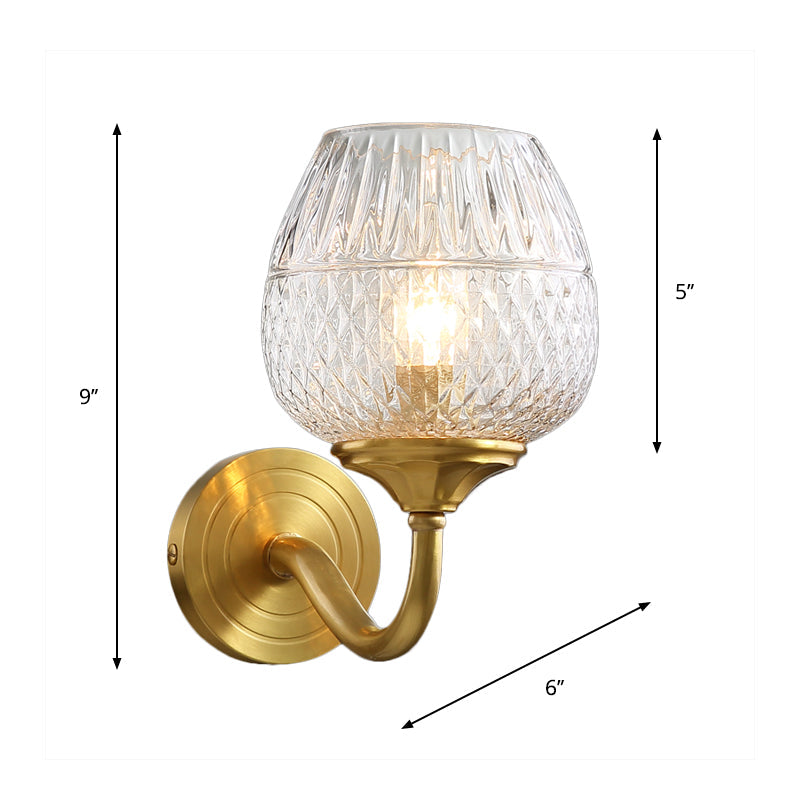 Lisslune | Grid Brandy Glass Wall Lamp Contemporary Single Brass Wall Mounted Light with Curved Arm