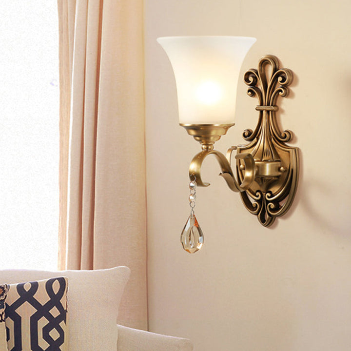 Skørter | White Glass Bell Wall Lamp Light Vintage Style 1/2-Cup Bedroom Brass Finish Wall Lighting with Clear Crystal Accent