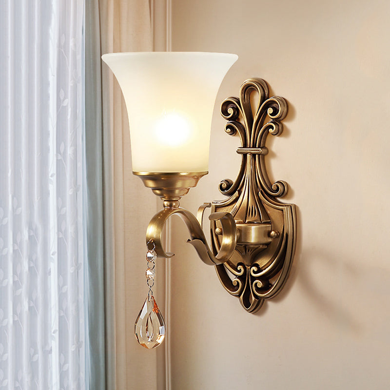 Skørter | White Glass Bell Wall Lamp Light Vintage Style 1/2-Cup Bedroom Brass Finish Wall Lighting with Clear Crystal Accent