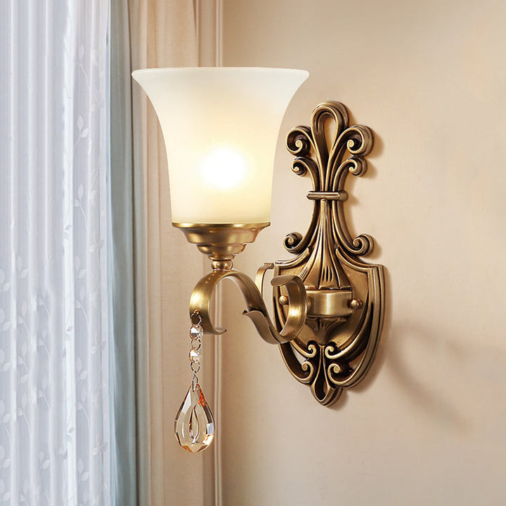 Skørter | White Glass Bell Wall Lamp Light Vintage Style 1/2-Cup Bedroom Brass Finish Wall Lighting with Clear Crystal Accent