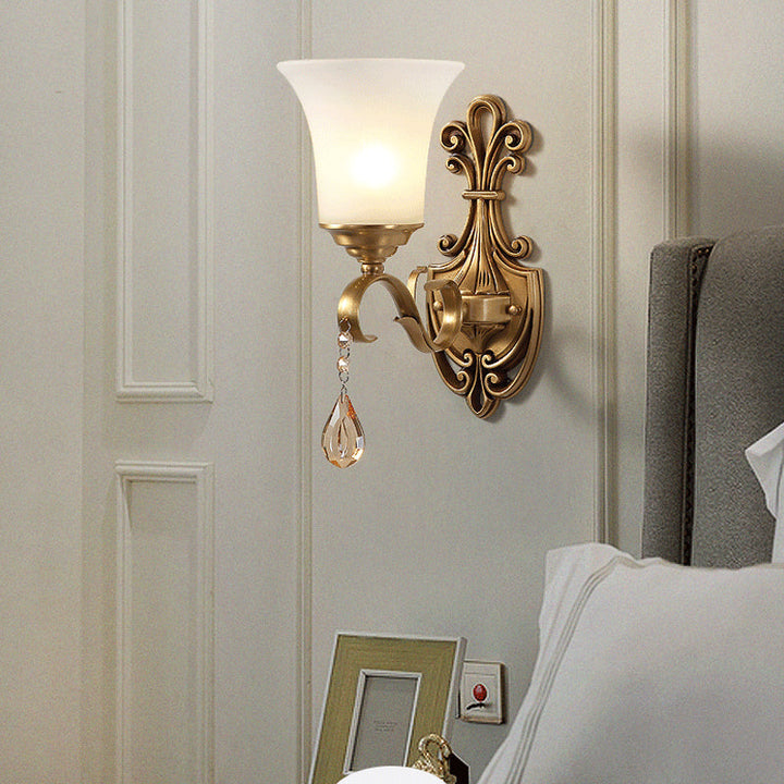 Skørter | White Glass Bell Wall Lamp Light Vintage Style 1/2-Cup Bedroom Brass Finish Wall Lighting with Clear Crystal Accent