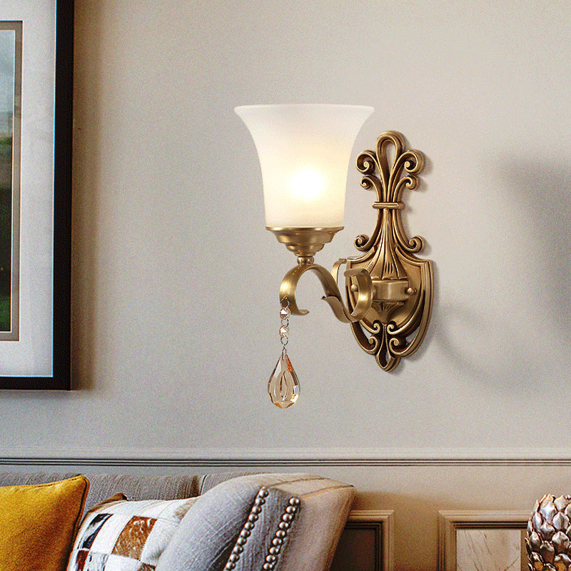Skørter | White Glass Bell Wall Lamp Light Vintage Style 1/2-Cup Bedroom Brass Finish Wall Lighting with Clear Crystal Accent