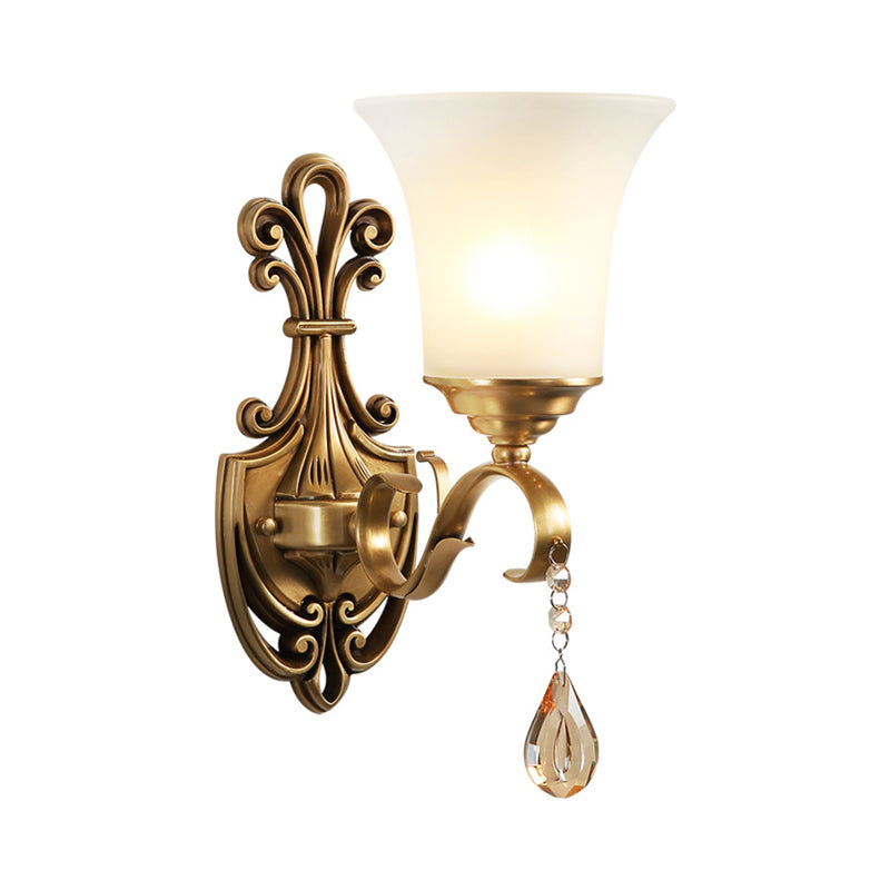Skørter | White Glass Bell Wall Lamp Light Vintage Style 1/2-Cup Bedroom Brass Finish Wall Lighting with Clear Crystal Accent