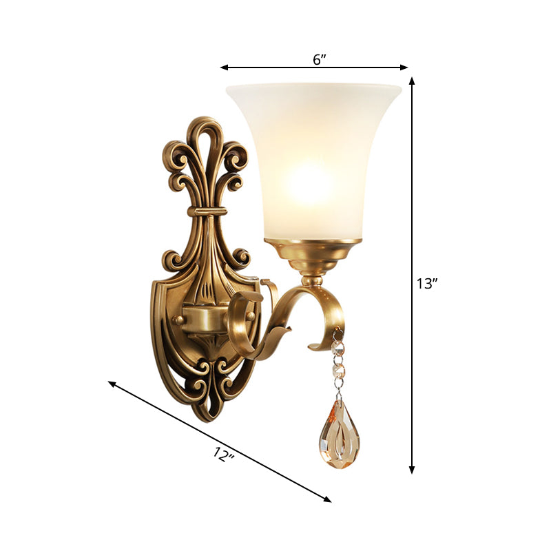 Skørter | White Glass Bell Wall Lamp Light Vintage Style 1/2-Cup Bedroom Brass Finish Wall Lighting with Clear Crystal Accent