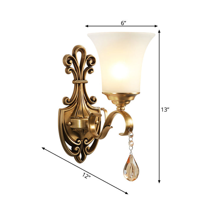Skørter | White Glass Bell Wall Lamp Light Vintage Style 1/2-Cup Bedroom Brass Finish Wall Lighting with Clear Crystal Accent