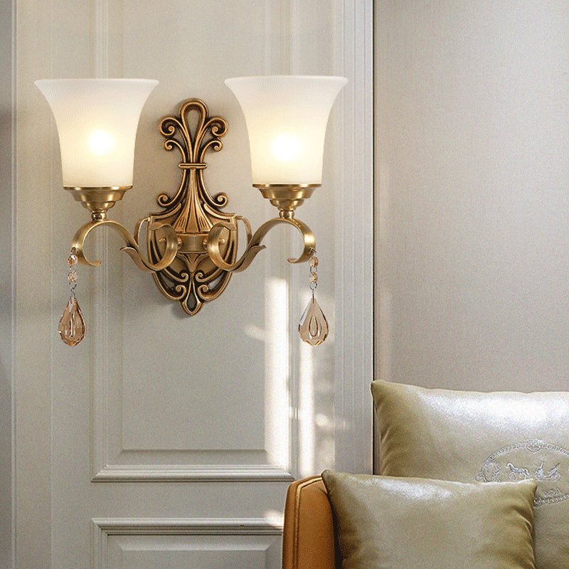 Skørter | White Glass Bell Wall Lamp Light Vintage Style 1/2-Cup Bedroom Brass Finish Wall Lighting with Clear Crystal Accent