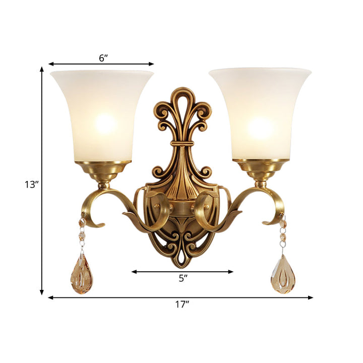 Skørter | White Glass Bell Wall Lamp Light Vintage Style 1/2-Cup Bedroom Brass Finish Wall Lighting with Clear Crystal Accent