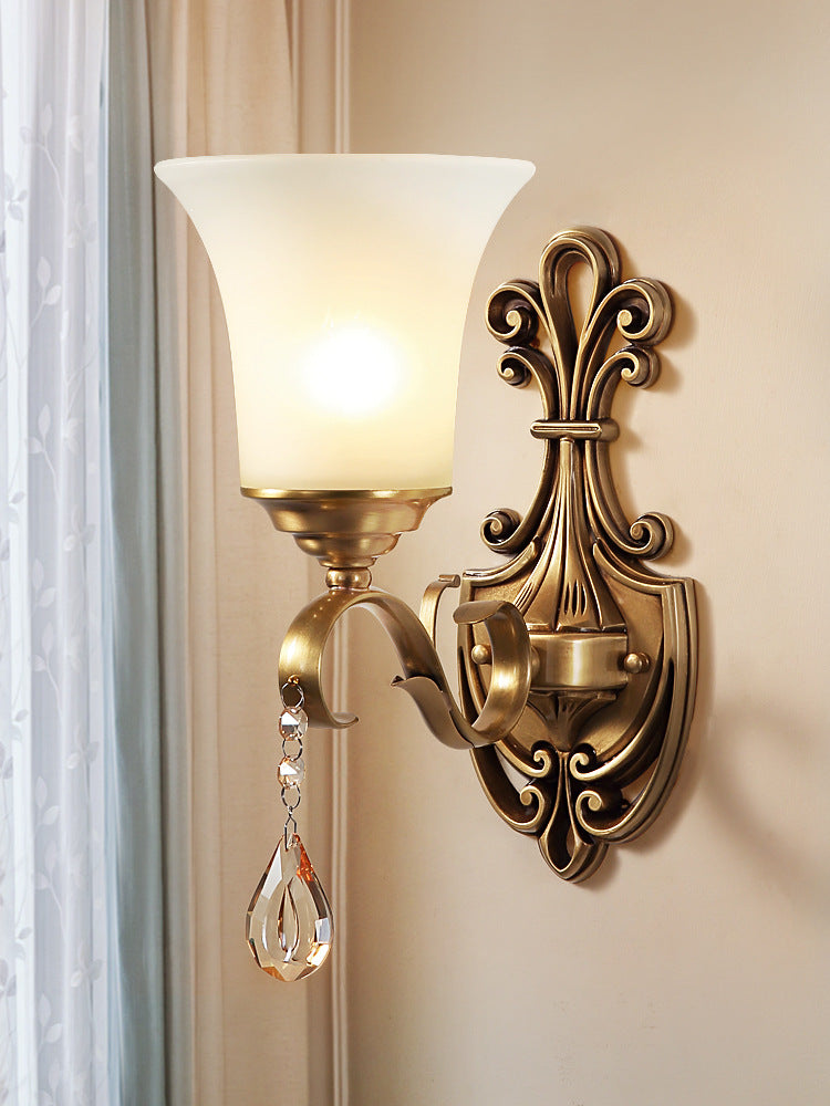 Skørter | White Glass Bell Wall Lamp Light Vintage Style 1/2-Cup Bedroom Brass Finish Wall Lighting with Clear Crystal Accent
