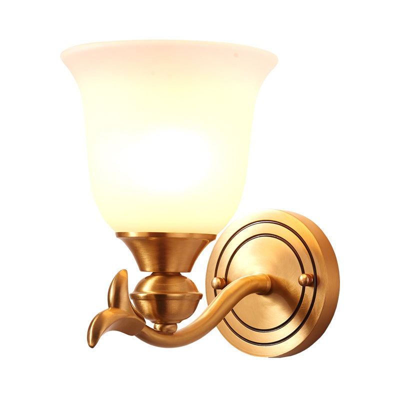 Skørter | Brass-Finish 1/2-Head Wall Lamp Modern Stylish White Glass Flared Shade Wall Lighting Fixture for Bedroom