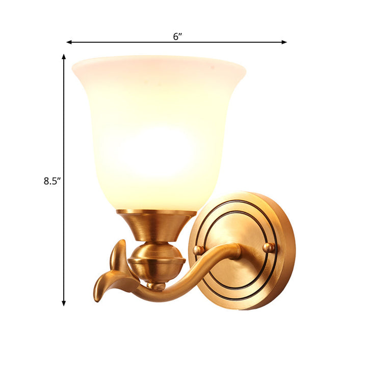 Skørter | Brass-Finish 1/2-Head Wall Lamp Modern Stylish White Glass Flared Shade Wall Lighting Fixture for Bedroom