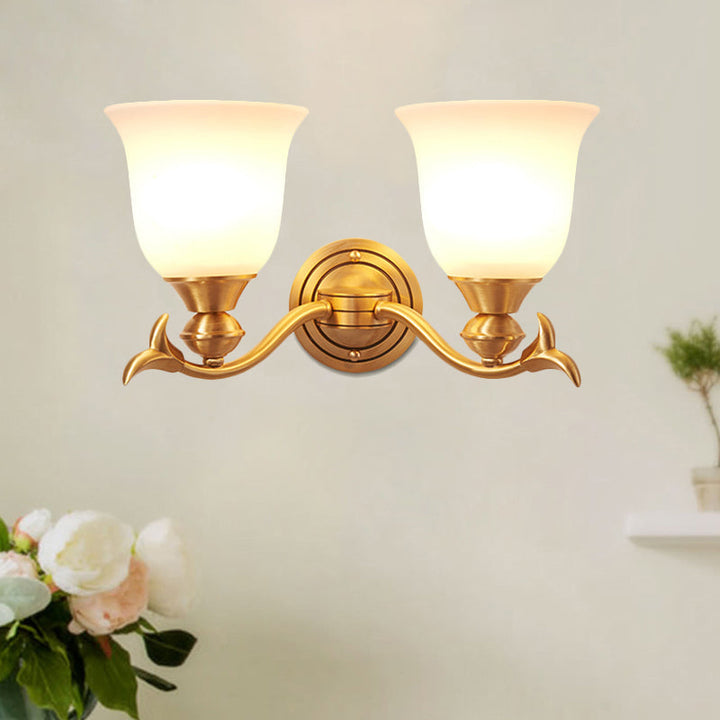Skørter | Brass-Finish 1/2-Head Wall Lamp Modern Stylish White Glass Flared Shade Wall Lighting Fixture for Bedroom