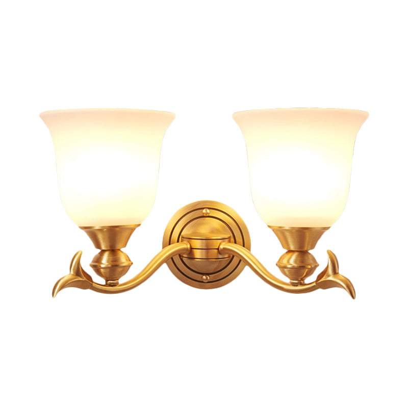 Skørter | Brass-Finish 1/2-Head Wall Lamp Modern Stylish White Glass Flared Shade Wall Lighting Fixture for Bedroom