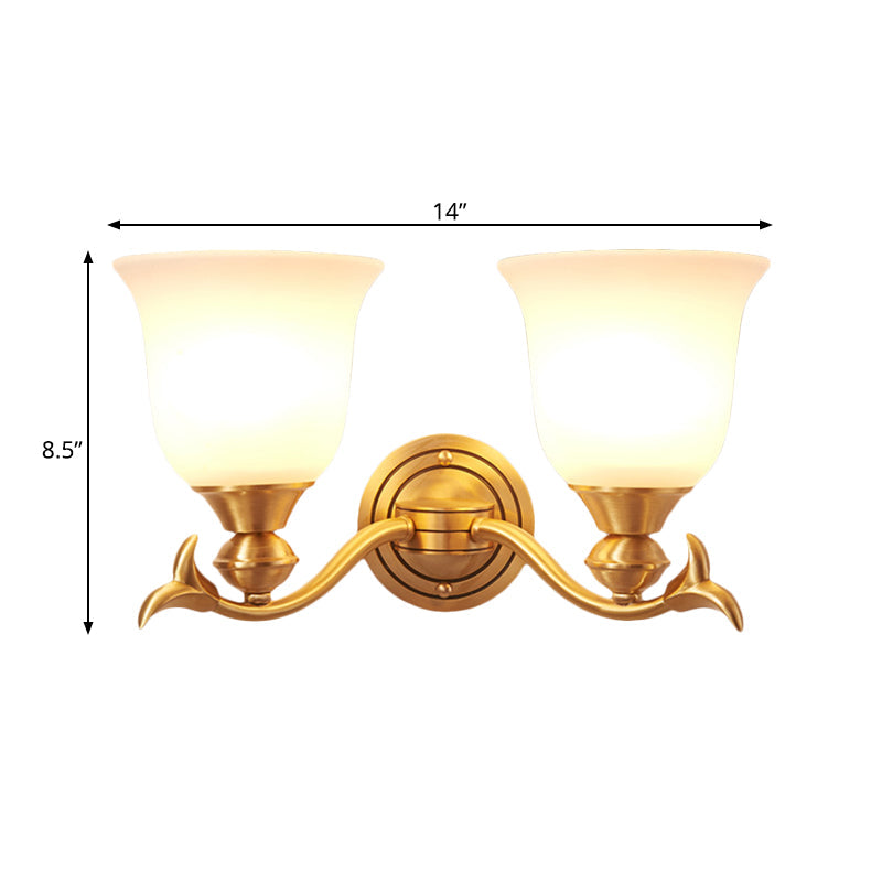 Skørter | Brass-Finish 1/2-Head Wall Lamp Modern Stylish White Glass Flared Shade Wall Lighting Fixture for Bedroom