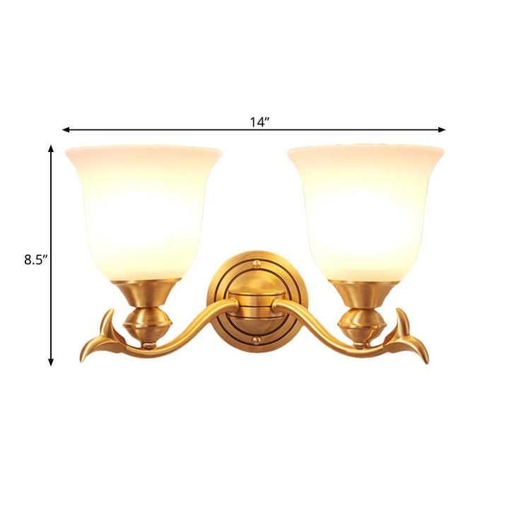 Skørter | Brass-Finish 1/2-Head Wall Lamp Modern Stylish White Glass Flared Shade Wall Lighting Fixture for Bedroom