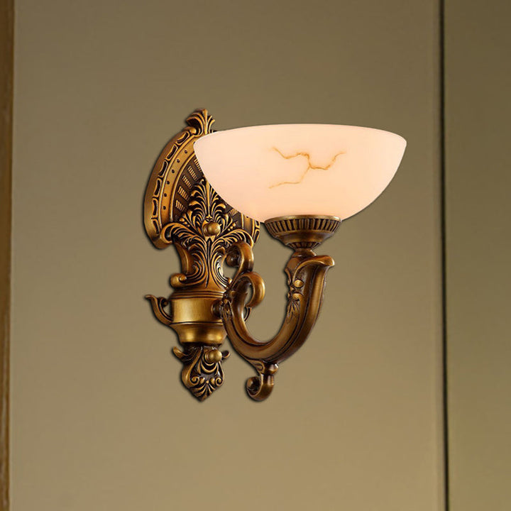Skørter | Antique Brass 1/2-Ball Wall Mount Lighting Colonial Style Etched Glass Shade Wall Lamp