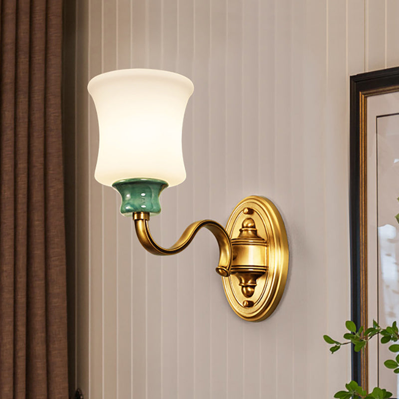Skørter | Metallic Gold Surface Wall Application Bell 1/2-Bulb Vintage Style Wall Light with Milk Glass Shade